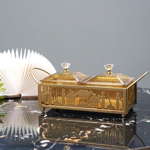 Ramadan Trays with Lid Metal Gold Eid Mubarak Serving Tray Ramadan Decorations Eid Party Food Storage Container for Cookie Candy Pastry Dessert - size: Small