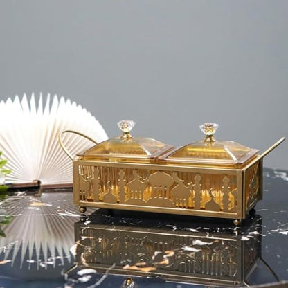 Ramadan Trays with Lid Metal Gold Eid Mubarak Serving Tray Ramadan Decorations Eid Party Food Storage Container for Cookie Candy Pastry Dessert - size: Small