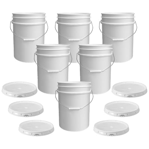 5 Gallon Bucket - Food Grade w/Lid BPA-Free, 6 Pack - White | Airtight Gasketed Tear Strip Lid, Heavy-Duty 90 Mil HDPE Plastic Pail, Bulk Storage, Food Safe Durable Container, Made in USA - size: 6 Packs