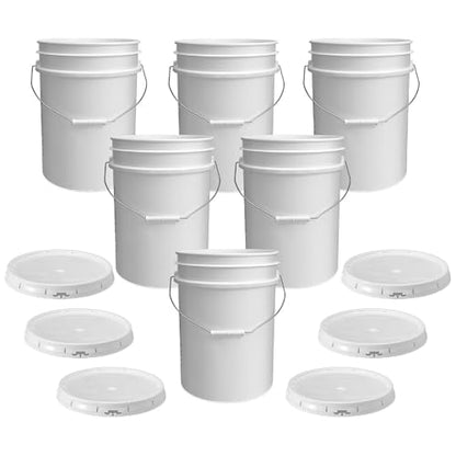 5 Gallon Bucket - Food Grade w/Lid BPA-Free, 6 Pack - White | Airtight Gasketed Tear Strip Lid, Heavy-Duty 90 Mil HDPE Plastic Pail, Bulk Storage, Food Safe Durable Container, Made in USA - size: 6 Packs
