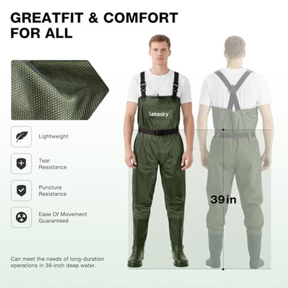 Lekesky Fly Fishing Chest Waders with Boots for Men Women, US Sizes 5–14,2-Ply Nylon/Pvc Waterproof Waders - color: Green, size: M6/W8