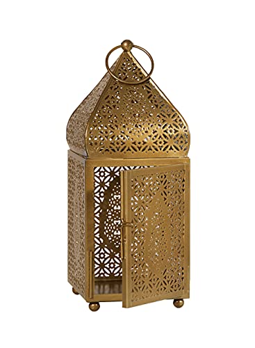 Serene Spaces Living Moroccan Lightweight Thin Gold Ornate Candle Lantern, Antique Gold Lantern, Decorative Candle Holders for Indian Wedding, Eid, Ramadan, Events, 4.5" Diameter & 12" Tall - color: Gold Metal, size: Large, Single