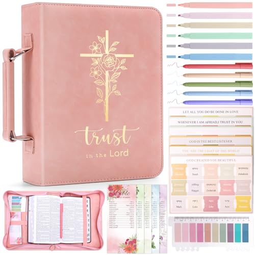 XKDOUS Bible Cover for Women Leather Bible Bag Large Book Carrying Case Kit - color: Pink & Golden Cross