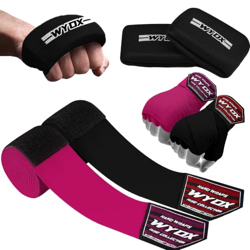 WYOX Boxing Hand Wraps & Gel Knuckle Guards Set for MMA, Muay Thai & Kickboxing - 2 Pair Hand Wraps + 1 Pair Knuckle Guards - Hand Wrist Protection for Men & Women Training - color: Pink/Black