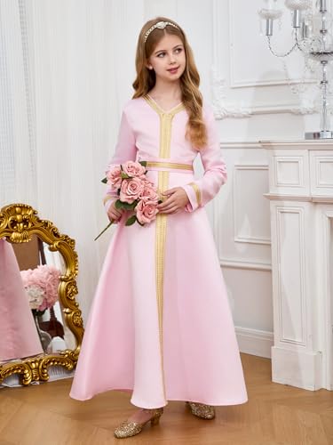 ABAO SISTER Girls Muslim Ramadan Abaya Kids Long Sleeve V Neck Prayer Dress Middle East Arabic Dubai Attire Kaftan Dress - color: Pink, size: 2