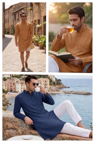 Runcati Mens Kaftan Thobe Textured Henley Shirt Long Sleeve Robe Casual Muslim Gown Shirt - color: Navy, size: XX-Large