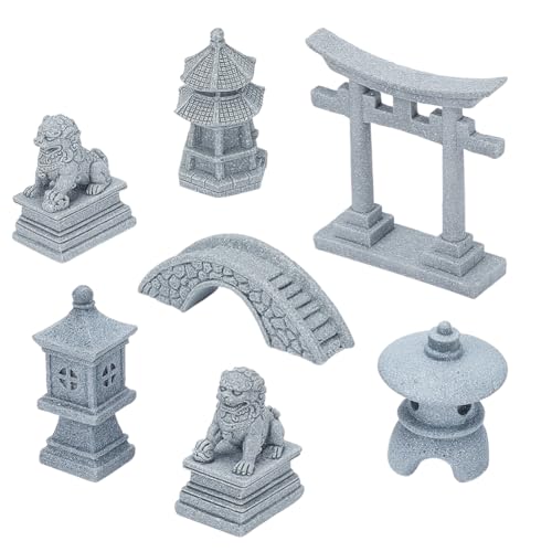 NBEADS 7 Pcs 6 Styles Mini Zen Garden Accessories, Garden Decor Micro Landscape Fish Tank Lion Lighthouse Tower Bridge Figurines for Landscape Balcony Garden Fish Tank Decoration