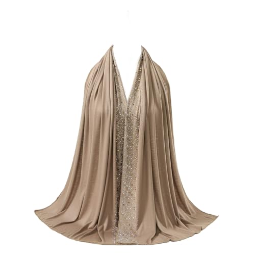 IPENNY Women's Hijab Scarf - Rhinestone Embellished, Soft Lightweight & Versatile for Daily Wear, Prayer, Special Occasions - color: Khaki