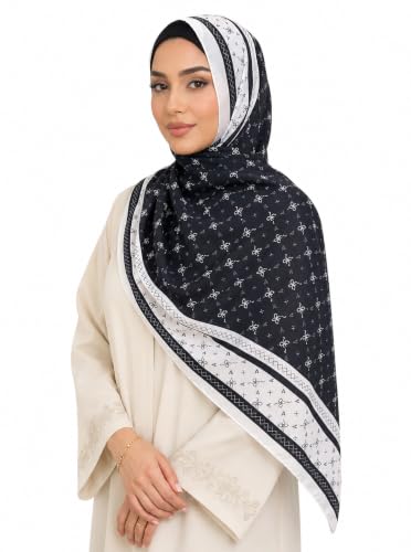 Satin Hijab Scarf for Women, Silk-Feeling Muslim Headscarf, Digital Bow Letter Print Head Wrap Shawl for Summer - color: Mlp004-black