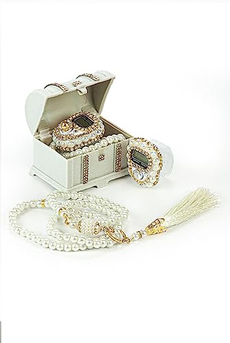 İhvan Online Chest Gift Box with Islamic Finger Counter and Prayer Beads, Portable Digital Tasbeeh, Pearl Zikirmatic Beads, 2 Pieces Gift for Ramadan & Eid & Mevlüt (White) - color: Cream