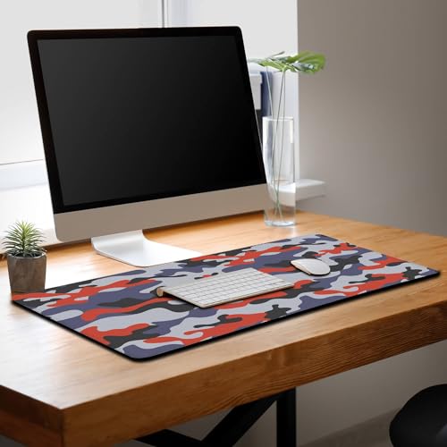 Keyboard Mouse Pad Blue Home Office Desk Pad Large Mousepads Computer Mat Keyboard Desk Mat Waterproof Non-Slip Rubber Base 35.4" X 15.7" for Game Office, Camouflage with Red Spots - color: Blue Camouflage With Red Spots