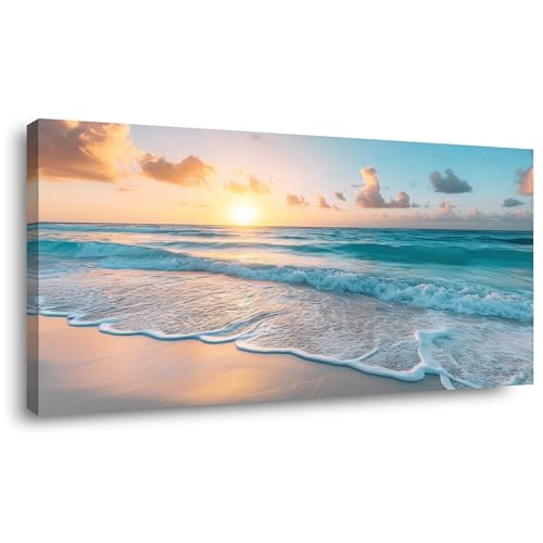 Palderwallart Beautiful Tropical Seascape Landscape Wall Art for Living Room Office Sunrise Beach Nature Scenery Navy Blue Painting Prints Waves Scenic Artwork Over the Couch Dining (20x40 Inches) - color: Navy Blue Seascape Wall Art (Y849), size: 40"L x