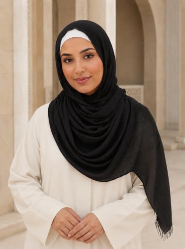 Cotton Linen Plain Hijab Scarf For Women,Muslim Viscose Crinkle Edge With Fringe,Summer Beach Wrap Headwraps Shawl - color: 1#black