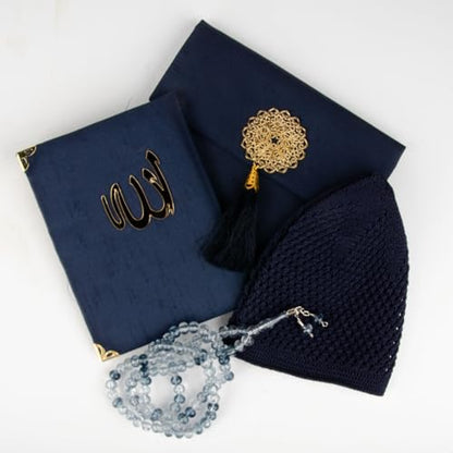 Islamic Prayer Gift Set for Men – Velvet Prayer Mat, Tasbih Beads, Yaseen Book – Muslim Prayer Essentials – Ramadan Eid Gift - color: Dark Blue