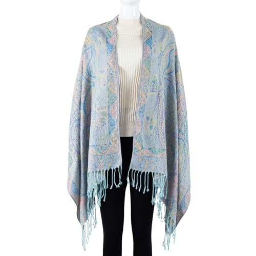 TUSHUSTY Pashmina Feel Shawls Wraps Rave Scarf for Women Soft Silky Reversible Men Scarves Hijab - color: Light Blue Yellow
