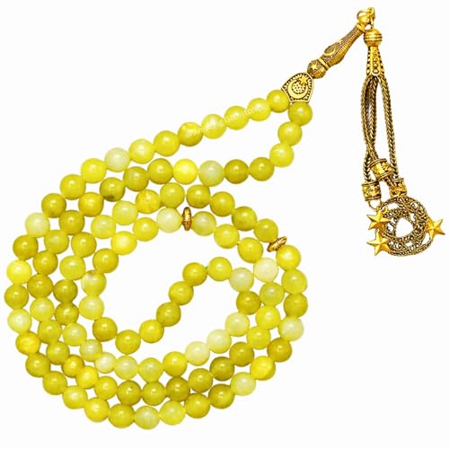 Amazing Gemstone Crystal Tasbeeh with Moon and Star Charm - Certified Crystal Muslim Prayer Beads Natural Gemstone Tasbih Gift for Ramadan Dhikr and Daily Namaz (G) - color: Lemon Jade