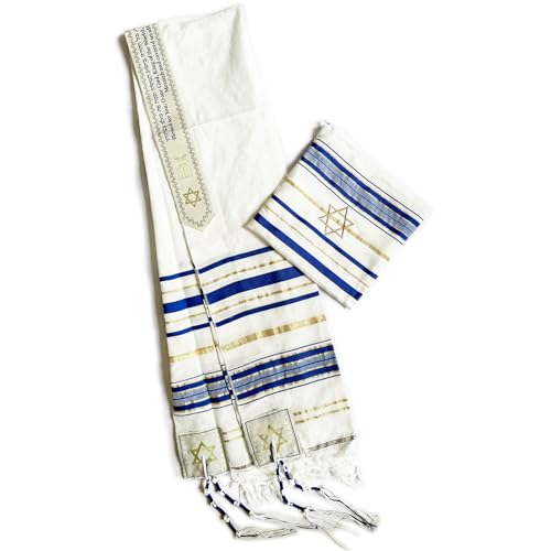 Men's Messianic Prayer Shawl with Star of David Tallit, Hebrew Blessing and Scripture - color: Dark Blue
