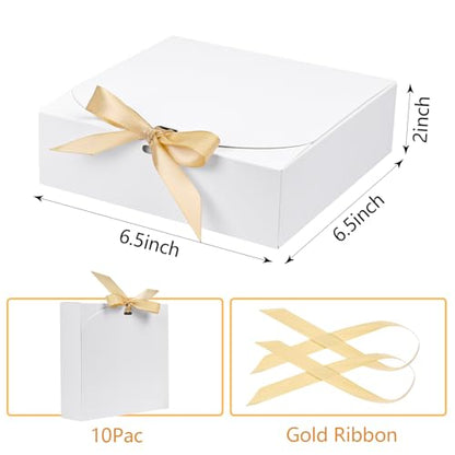 10pack Gift Boxes with Lids, 6.5''x6.5''x2'' White Gift Boxes For Presents, Paper Boxes Gift Boxes with Ribbon for Birthday Wedding Party Chocolate Candy - color: White