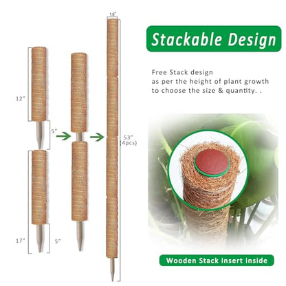 Moss Pole, 4 Pack 17Inch Monstera Plant Support for Climbing Plants Accessories Indoor -Stackable Moss Poles Plant Support Stakes -Coir Plant Pole Sticks for Potted Plants -Pothos, Tall Plant Trellis - size: 4pcs x 17 Inches