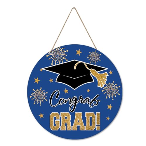 Smile Graduation Congrats GRAD Wooden Round Door Hanger, Blue(Science) & Gold Grad Cap Front Door Sign for Graduation Party Decorations - style: Graduation(Blue)