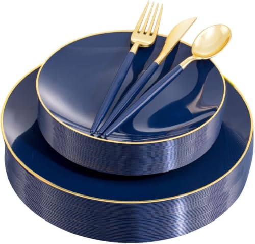 Liacere 150PCS Blue Plastic Plates - Gold Plastic Silverware with Blue Handle - Navy Disposable Plates Include 30 Guests Plates,Forks,Spoons,Knives for Party & Graduation & Independence Day - color: Blue, size: Round Style