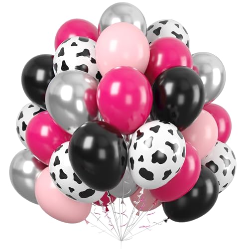 Pink Black Cow Balloons, 60 Pcs Cow Print for Girls Cowgirl Birthday Party - color: Pink Black Cow