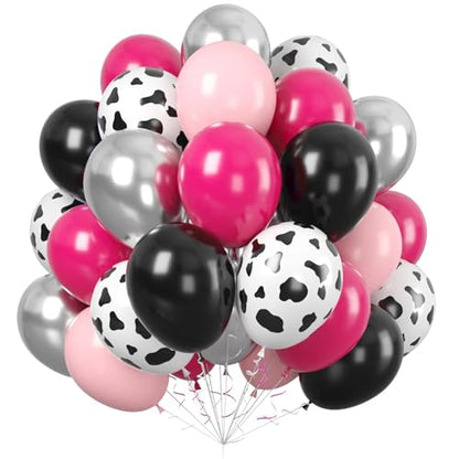Pink Black Cow Balloons, 60 Pcs Cow Print for Girls Cowgirl Birthday Party - color: Pink Black Cow