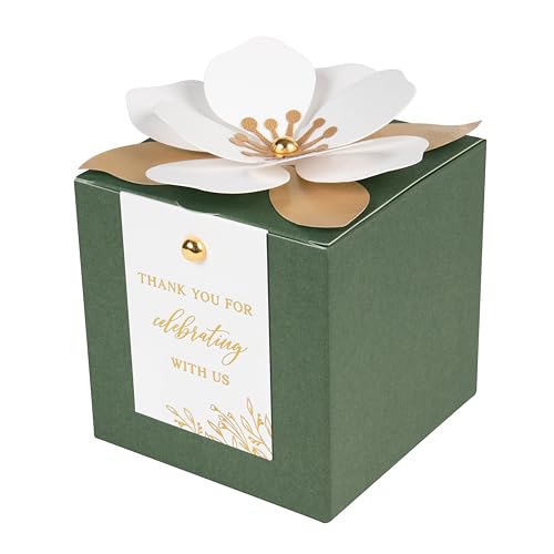 FEIYI 20 PCS Gift Boxes, 3 In 1 Olive Green Favor Boxes with Floral Decor, White Thank You Tags Cupcake Containers Gift wrapping for Wedding, Baby Shower, Birthday, Decorations Party - 3.55x3.55x3.55 - color: Olive Green, size: Large-(3.55")