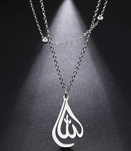 UNIFT Islamic Muslim Allah Layered Necklaces For Women Stainless Steel Charm Water Drop Heart Shape Allah Pendant Double Layer Necklace Islamic Jewelry - color: silver