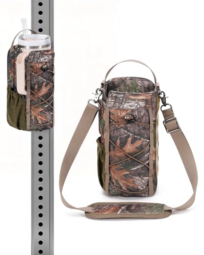 sportsnew 40oz Insulated Crossbody Water Bottle Bag Gym Hiking Phone Pocket | Water-resistant Lining, Padded Strap, Top Handle, Drawstring, Phone Pocket, Elastic Slots, Built-In Key Clip for Gym Walking - color: Woodland Camo -Magnetic