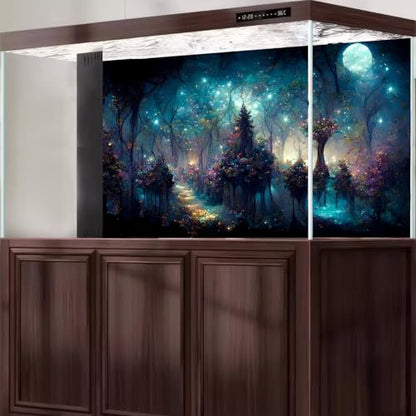 Fairy Tale Eden Aquarium Background Fantasy Trees Various Flowers Fish Tank Background Misty Night Sparking Stars Moon Terrarium Backgrounds Stunning Flowers Scene Reptile Tank Backgrounds 24x16in - color: Purple_Blue, size: 24(W)x16(H)in