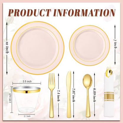 WDF Partyware 350PCS Pink Disposable Plates - Pink Plastic Plates 50Guests Plastic Dinnerware Sets with Rolled Napkins for Wedding/Birthday/Baby shower - color: Pink, size: 350
