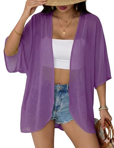 Chunoy Women Short Sleeve Chiffon Kimono Beach Swimsuit Cover Up - color: Plum 157, size: Small