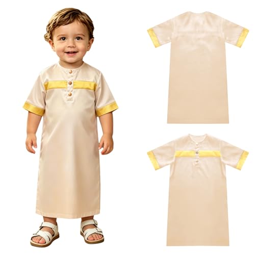Toddler Ramadan Eid Outfit Traditional Middle Eastern Short-Sleeve Crew-Neck Thobe Kaftan Prayer Clothes - color: Champagne, size: 5T