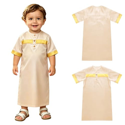 Toddler Ramadan Eid Outfit Traditional Middle Eastern Short-Sleeve Crew-Neck Thobe Kaftan Prayer Clothes - color: Champagne, size: 6-9 Months