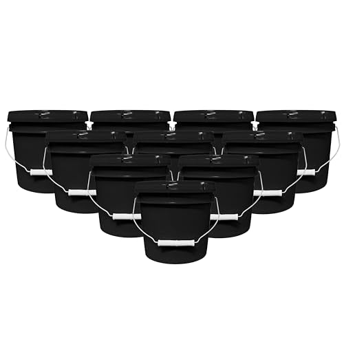1-Gallon Bucket with Airtight Lid – Made in USA, Food Grade BPA Free Plastic, Heavy Duty Multi-Use, Metal Handle with Grip, Stackable Storage – Black, 10 Pack - color: Black, size: 10