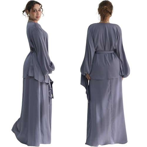 2PCS Muslim Abaya Dress for Women Smooth Satin Prayer Cardigan with Belt - color: Purple, size: Medium-Large