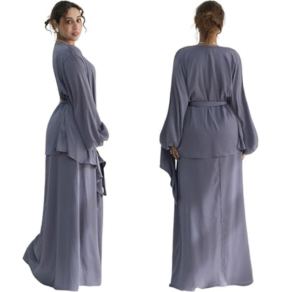 2PCS Muslim Abaya Dress for Women Smooth Satin Prayer Cardigan with Belt - color: Purple, size: X-Large-XX-Large