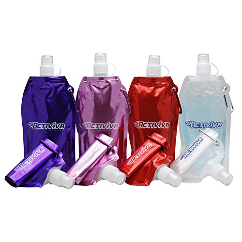 USA Merchant | Collapsible Reusable Water Bottle with Carabiner Clip Light Weight Leak Proof Foldable Drinking Water Bottle Non Toxic BPA Free - 16.9 oz 4 Pack (Pink, Purple, Red, Clear) - color: Broad - Purple,Pink,Red,Clear