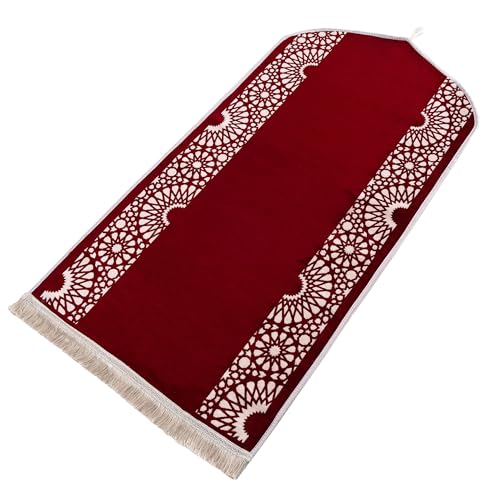 Modefa Turkish Islamic Prayer Mat - Chenille with Foam and Carrying Bag - Intricate Praying Rug Ramadan Eid Gift - Traditional Muslim Janamaz Seccade for Men Women - Mustaqim (Red) - color: Red