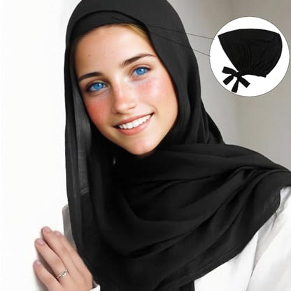 Women Under Scarf Hat Hijab Undercap Islamic Muslim Under Scarf Hijab Cap with Tie-Back Closure - color: Black+nude