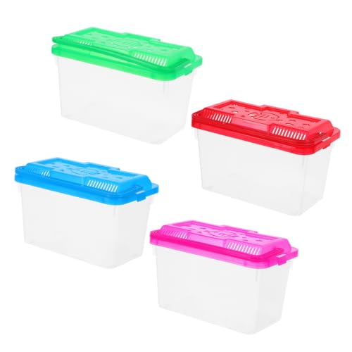 Abaodam 4Pcs Mini Transparent Fish Tank Carrier with Handle Portable Pet Breeding Box for Fish Turtles and Small Reptiles Aquarium Container with Bright Color Lid for Easy Observation
