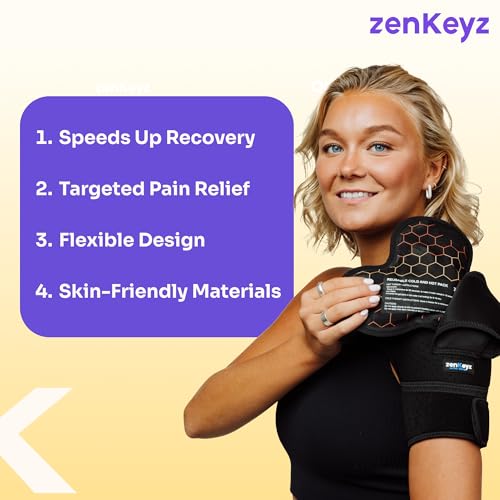 ZENKEYZ Reusable Gel Shoulder Ice Pack - 8x10 in, Black | Reusable hot & cold gel wrap - flexible - Use for shoulder, knee, ankle & back pain, injuries & sport