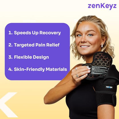 ZENKEYZ Reusable Gel Shoulder Ice Pack - 8x10 in, Black | Reusable hot & cold gel wrap - flexible - Use for shoulder, knee, ankle & back pain, injuries & sport