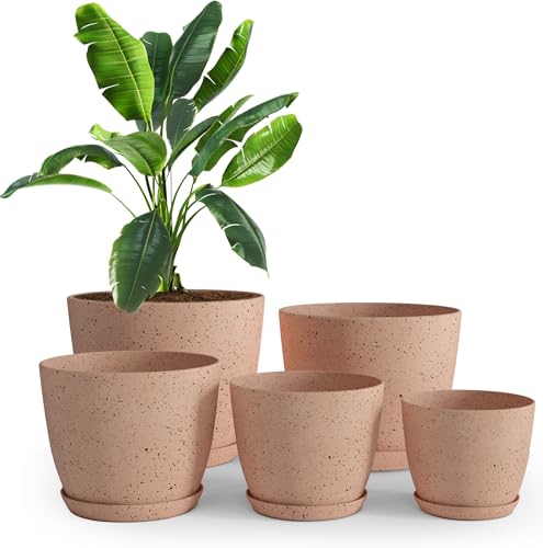Plant Pots Indoor with Drainage 5 Pack Multisize Planters Spotty Peach Pink | Drainage holes included Multiple sizes 7/6.6/6/5.3/4.8 In Indoor plants and flowers Durable plastic construction - color: Speckled Peach Pink, size: Pack of 5