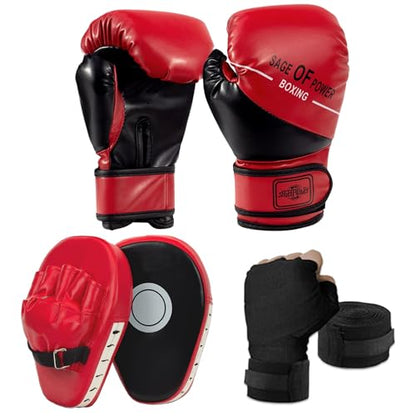 3-in-1 Boxing Gloves and Punching Mitts Set for Kids, Boxing Mitts Focus Pads with Hand Wraps for Kid, Youth Leather Punching Equipment Gloves Set for MMA, Karate, Muay Thai, Taekwondo - color: Red