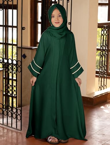 IDOPIP Muslim Dress for Girls Islamic Prayer Abaya Long Sleeve Cardigan Kaftan Robe Dresses with Hijab Ramadan Dubai Outfits - color: Blackish Green, size: 3-4 Years