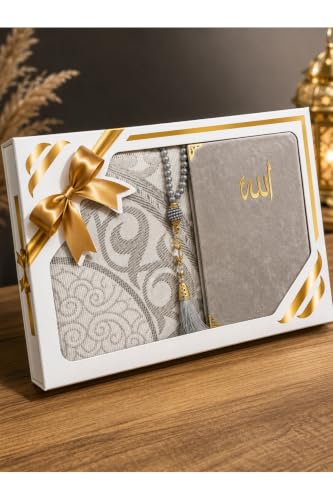 refined Islamic Prayer Set - Gray Edition with Yasin Book and Prayer Beads - Soft Quality Fabric Prayer Rug, Tesbih, and Gift Box - appropriate for Ramazan, Kandil, Hajj, Umrah, Weddings - Gray, 28x43