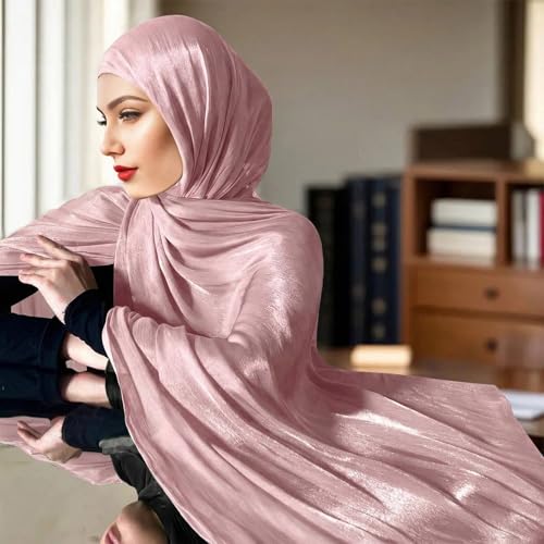 Premium Hijab Head Scarf for Women Lightweight Shimmer Hijab Head Wrap Scarves Crepe Satin Scarf Shawl Wrap - color: Pink