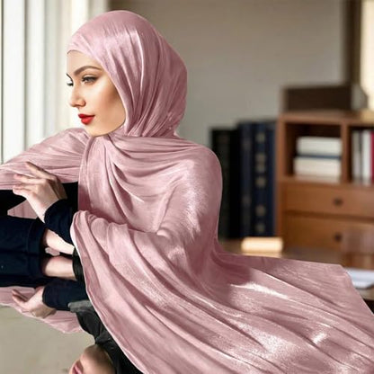 Premium Hijab Head Scarf for Women Lightweight Shimmer Hijab Head Wrap Scarves Crepe Satin Scarf Shawl Wrap - color: Pink